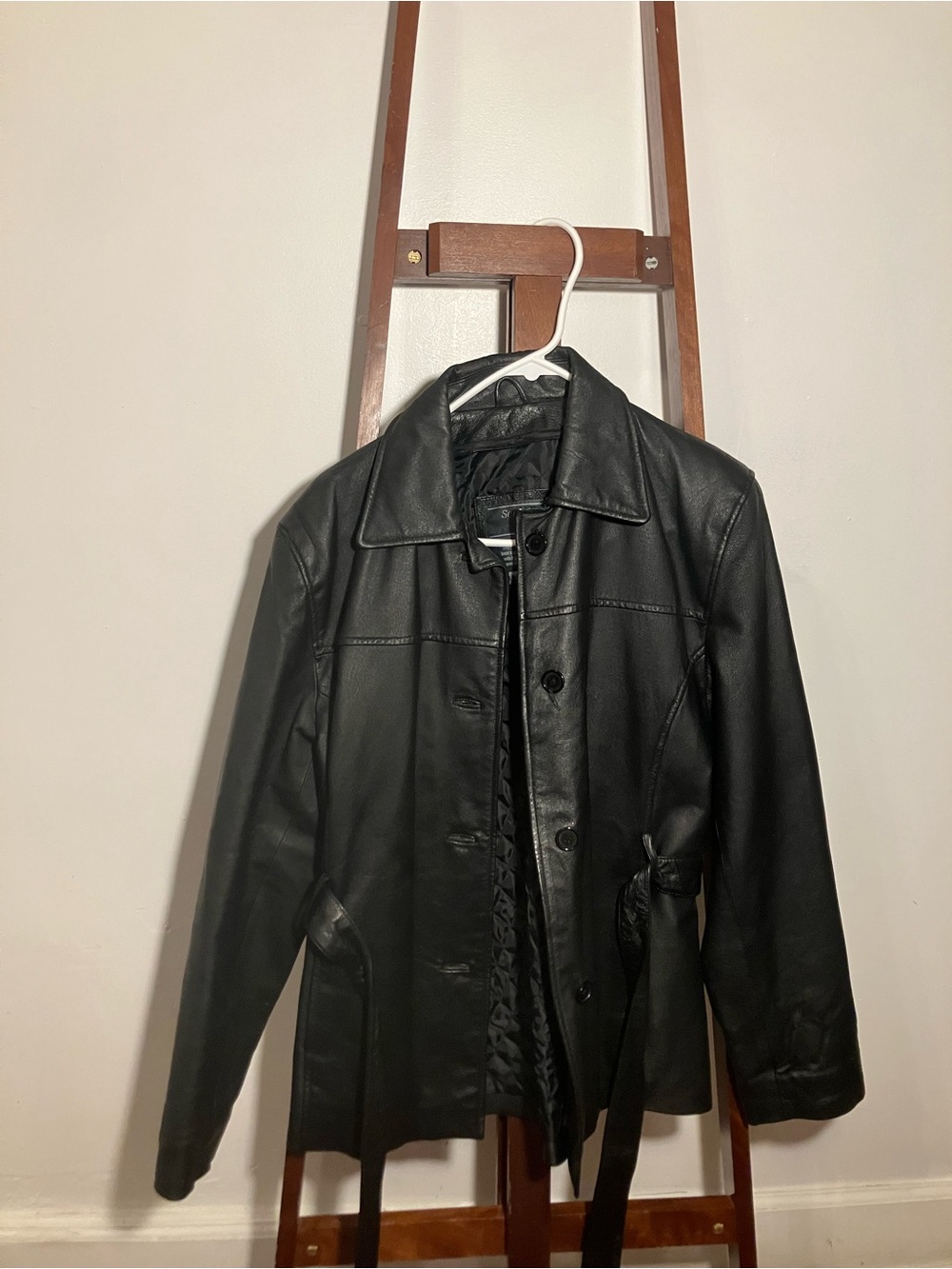 Womens Black Leather Trench Coat with Belted Waist